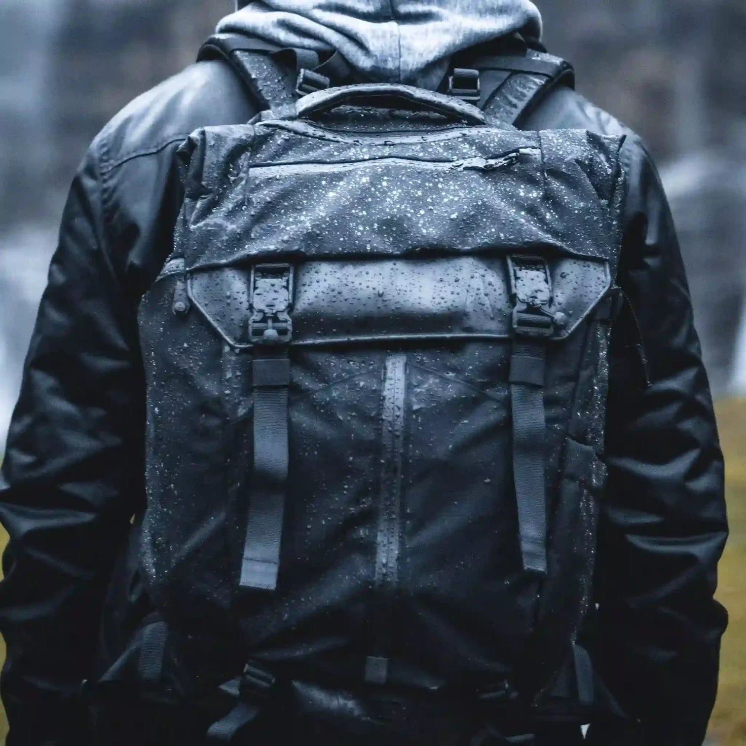 Man with a waterproof Prima System Backpack in the rain.