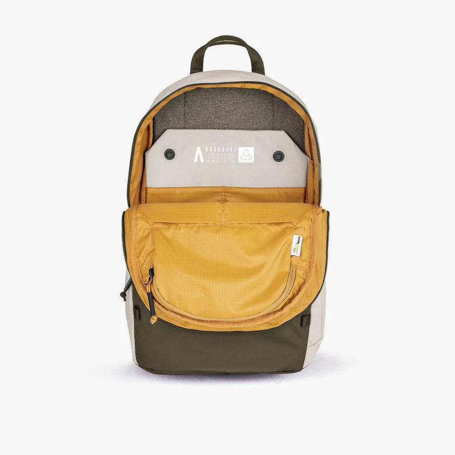 An open Rennen Recycled Daypack by Boundary Supply.