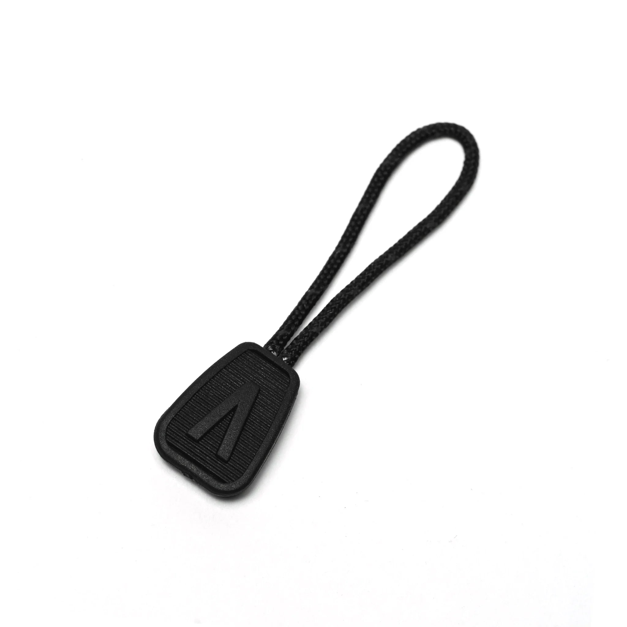A black replacement zipper puller for a backpack.